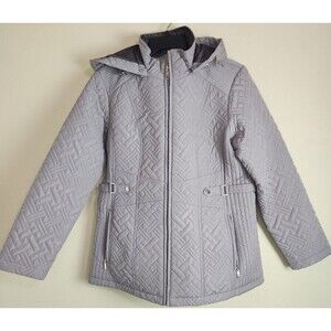 Giacca‎ Women's Quilted Beige Tan Jacket Coat  L Large Long Line Removable Hood